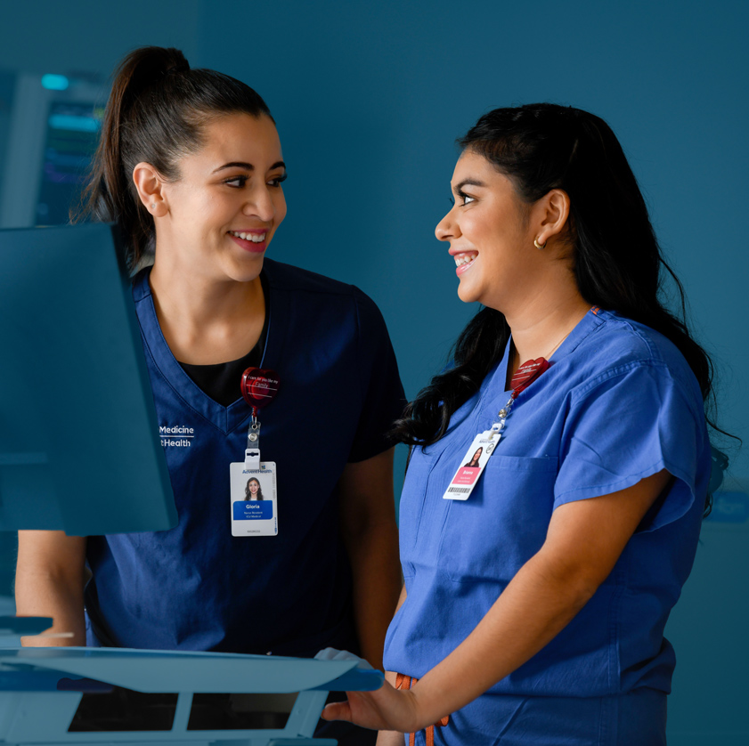 An experienced female nurse mentoring a female nursing student in front of a computer
