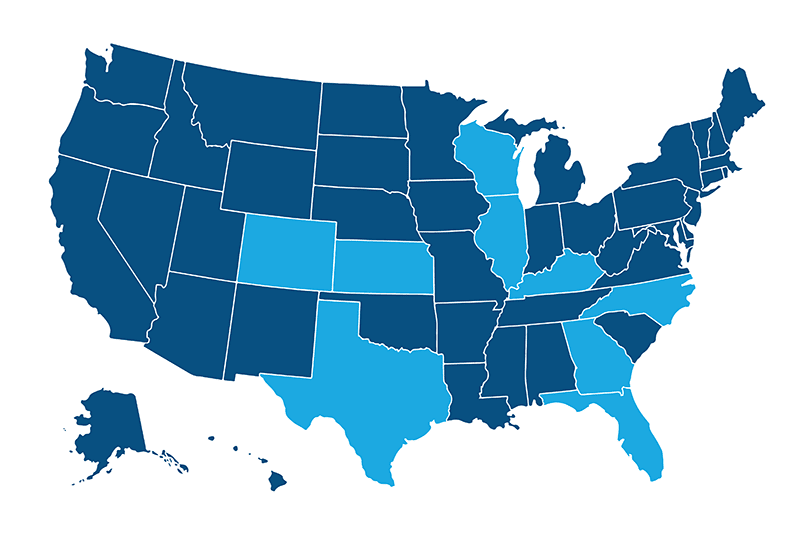 Map of the United States with Florida, Georgia, North Carolina, Kentucky, Illinois, Texas, Kansas, Wisconsin, and Colorado highlighted