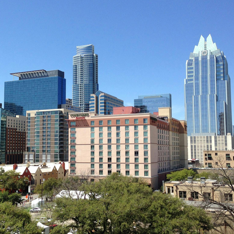 AdventHealth facility set among city skyline
