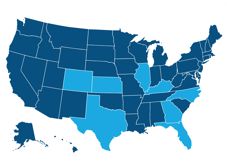 Map of the United States with Florida, Georgia, North Carolina, Kentucky, Illinois, Texas, Kansas, and Colorado highlighted