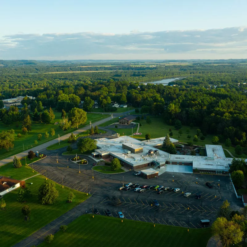 A bird's-eye view of the AdventHealth Durand building and surrounding area.