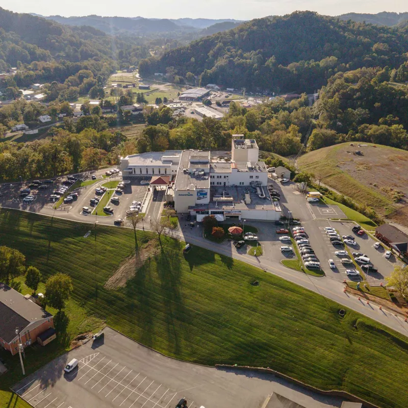 A bird's-eye view of the AdventHealth Manchester building and surrounding area.