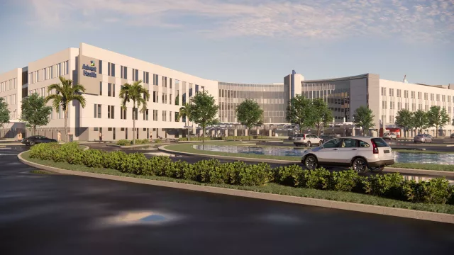 A render of the front entrance of AdventHealth Riverview