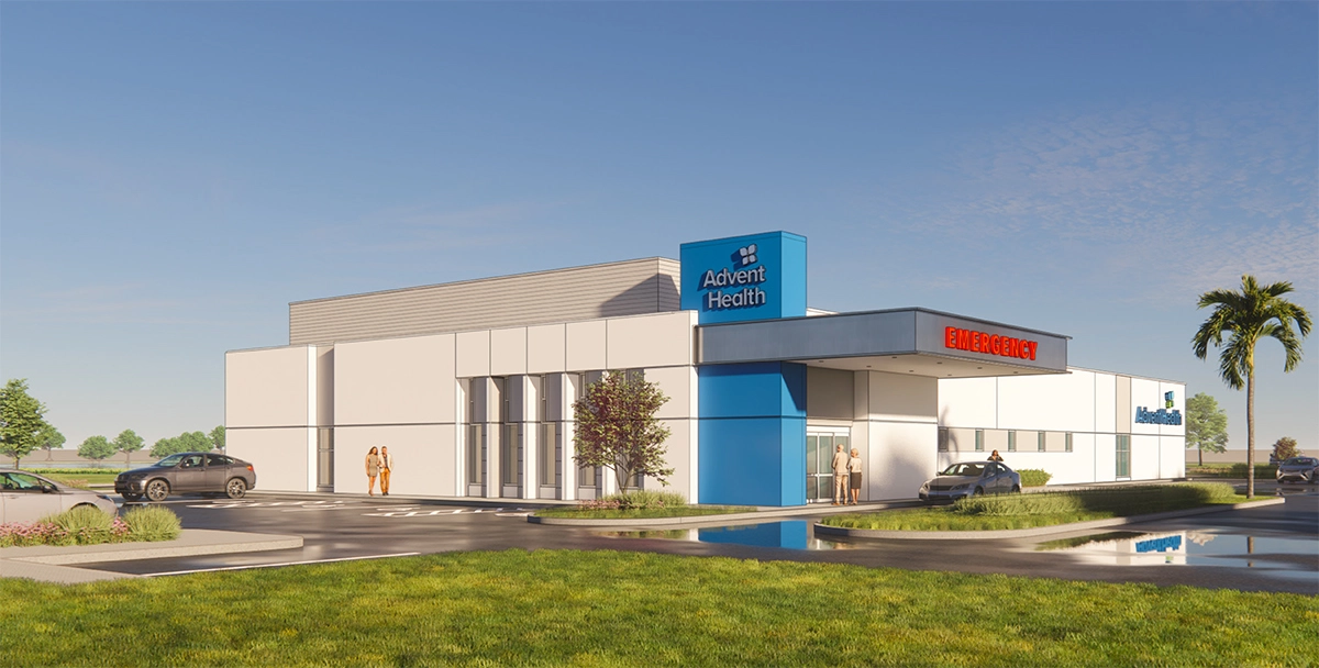 Rendering of AdventHealth emergency department building with main entrance and emergency signage.