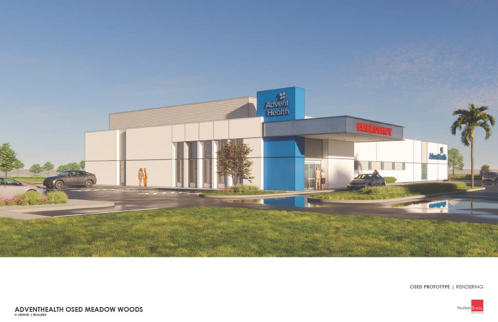 Rendering of AdventHealth Meadow Woods ER with main entrance and emergency signage.