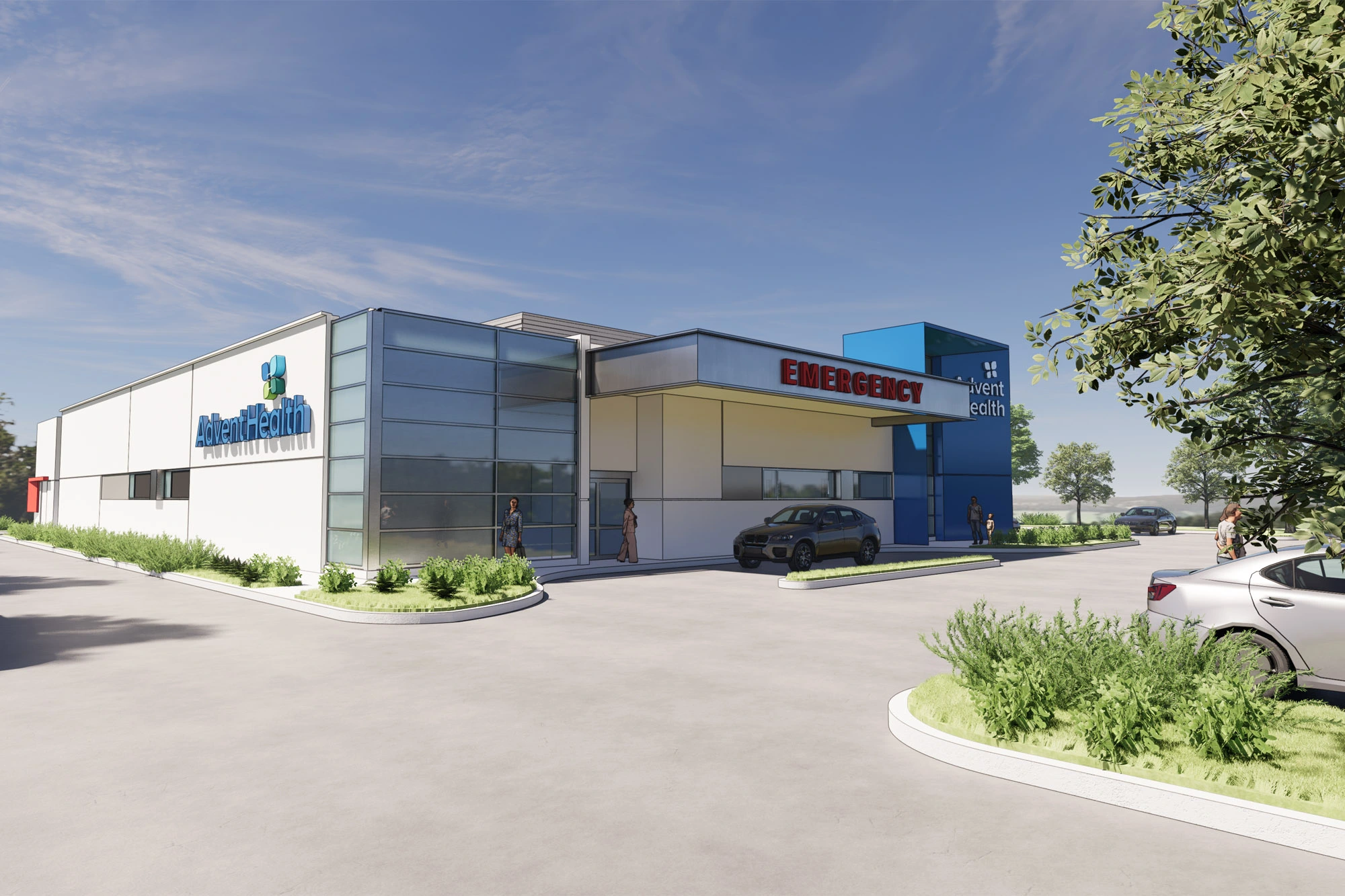 Rendering of AdventHealth Ocoee ER with emergency entrance and signage.