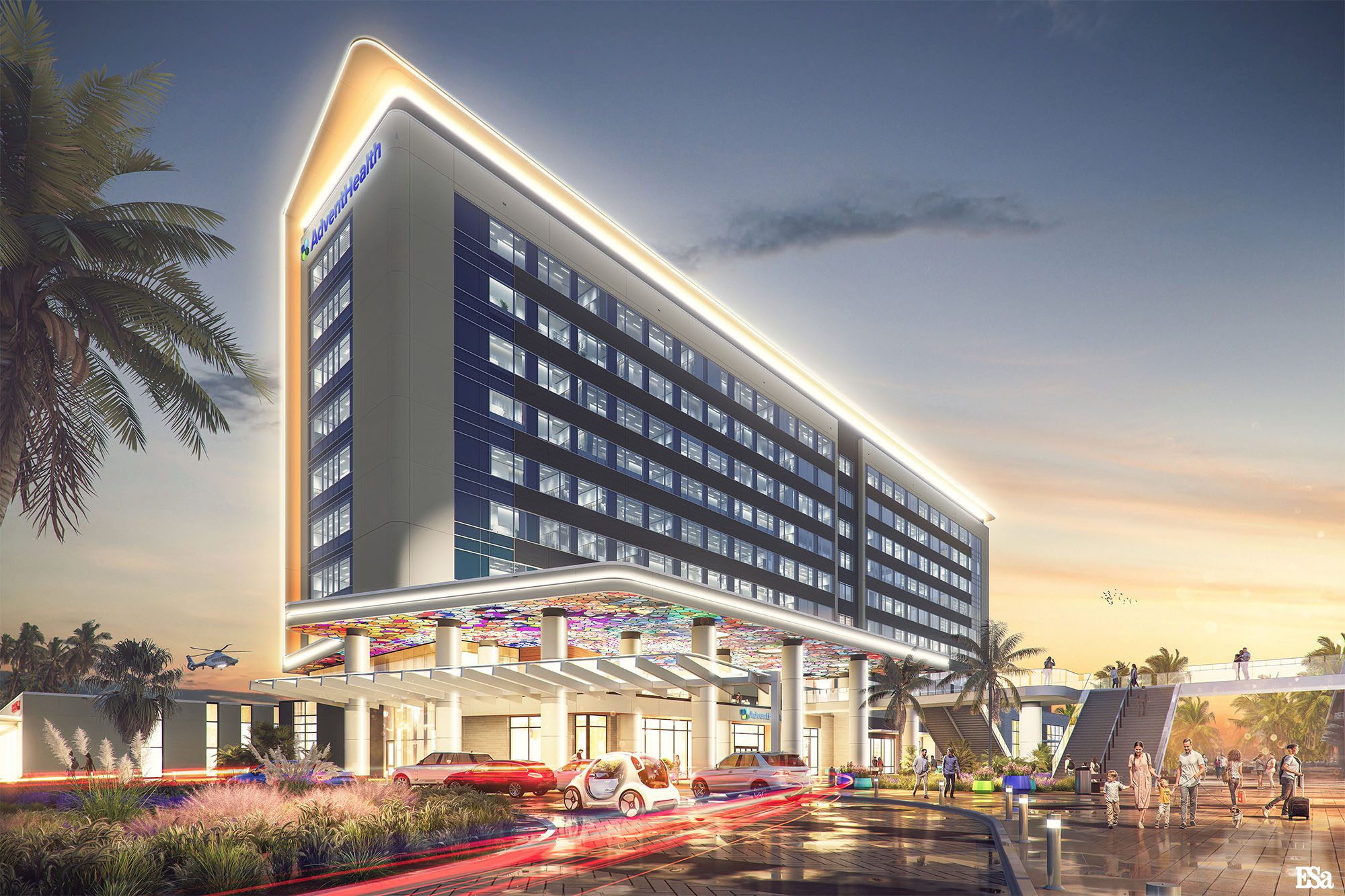 Rendering of the AdventHealth Lake Nona hospital exterior at sunset, showing the main entrance canopy, modern glass facade, and pedestrian plaza.