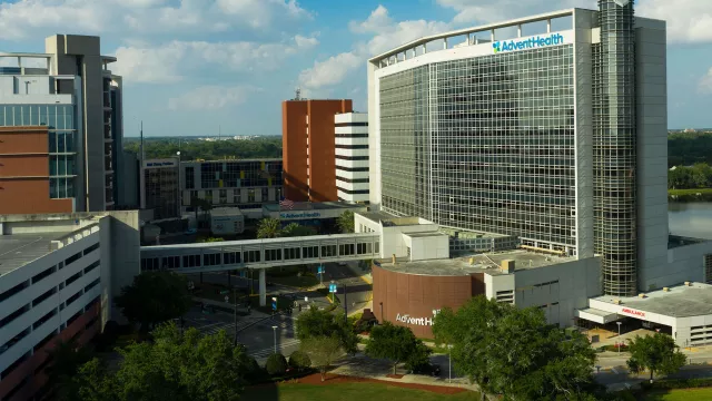 Exterior view of AdventHealth Orlando hospital campus in Orlando, Florida.